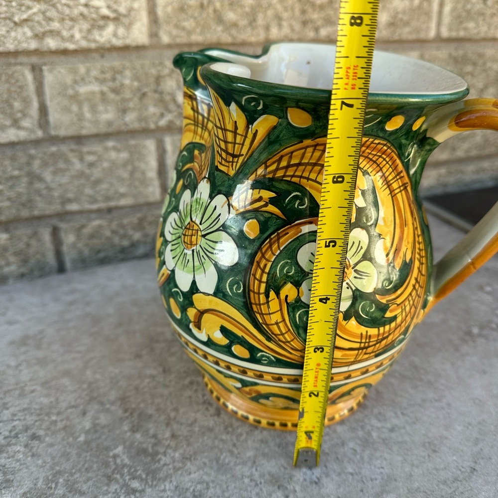 Italian Hand-Painted Ceramic Pitcher in Green and Yellow - Picture 3 of 4
